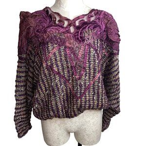 Vintage Womens Sweater Size Large Purple Batwing Sleeve Knit Embellished